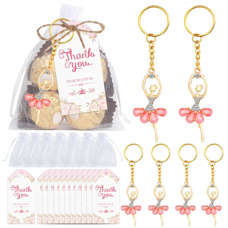 Ensemble cadeau retour invités bébé 10 porteclés danseuse ballerine 10 sacs organza blanc étiquettes remerciem