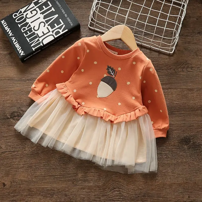 Robe princesse à capuche manches longues pour filles coton doux printemps automne style mignon tulle motifs po