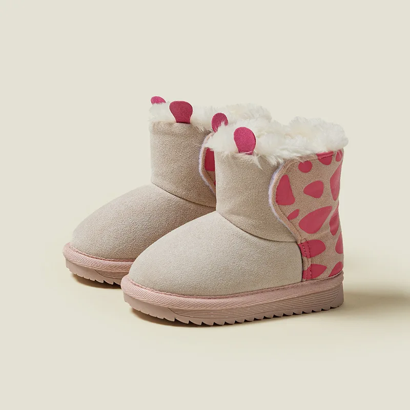 Bottes d'hiver pour enfants beige avec motifs roses semelle antidérapante intérieur pelucheux confortable tail