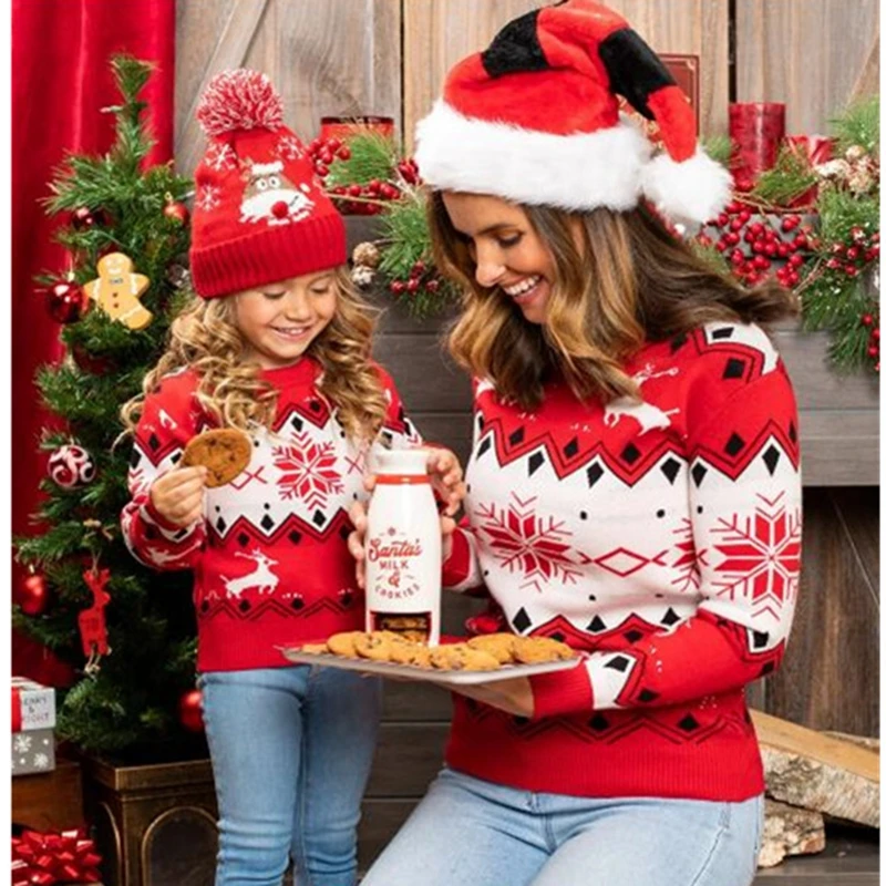 Vêtements assortis maman et fille Noel pull chaud tricot manches longues col rond style décontracté doux et co