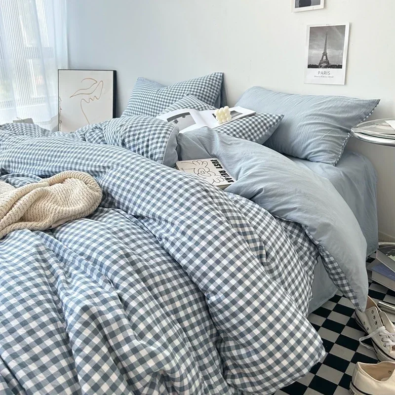 Ensemble de literie bébé à rayures bleues housse de couette taie d'oreiller drap 100% coton moderne doux hypoa