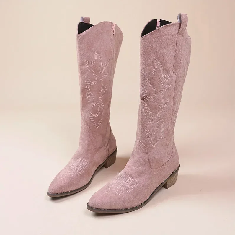 Bottes Cowboy Occidentales Brodées Femme Hautes au Genou Cuir PU Bout Pointu Talon épais Automne