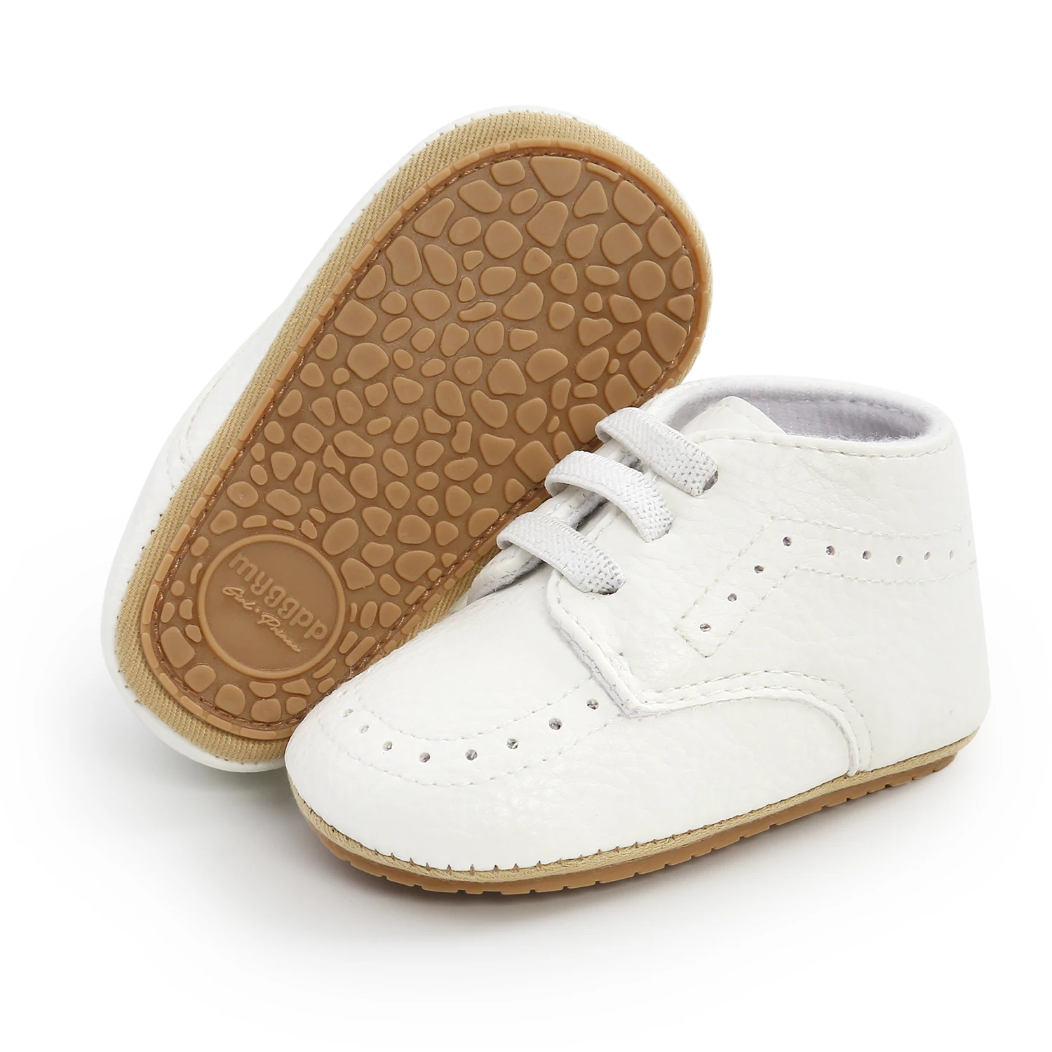 Chaussures bébé premiers pas semelle antidérapante confortables style moderne mygapp blanc beige lacets perfor