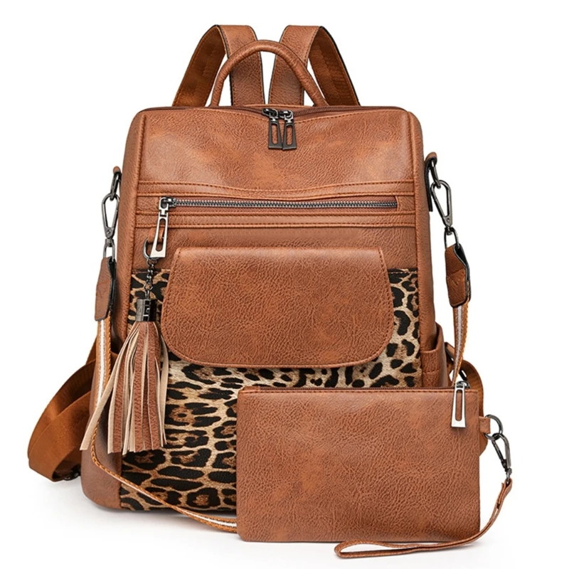 Sac à dos PU leopard print ajustable compartiment principal et pochette détachable style moderne usage quotidi