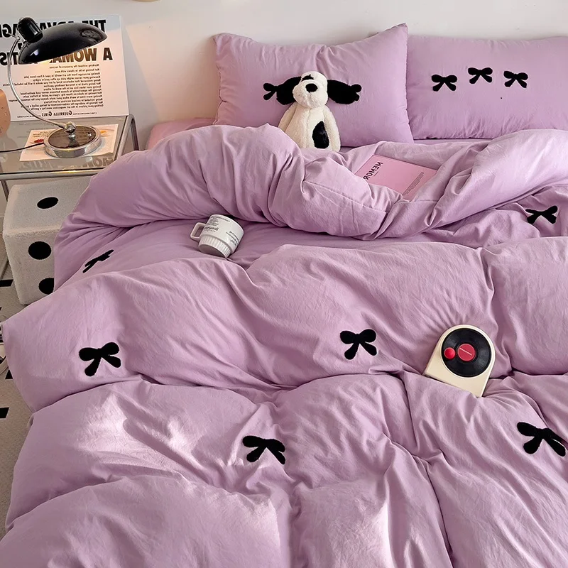Ensemble housse de couette broderie nœud noir décor rose pour bébé 2 taies d'oreiller 3 pièces 100% polyester