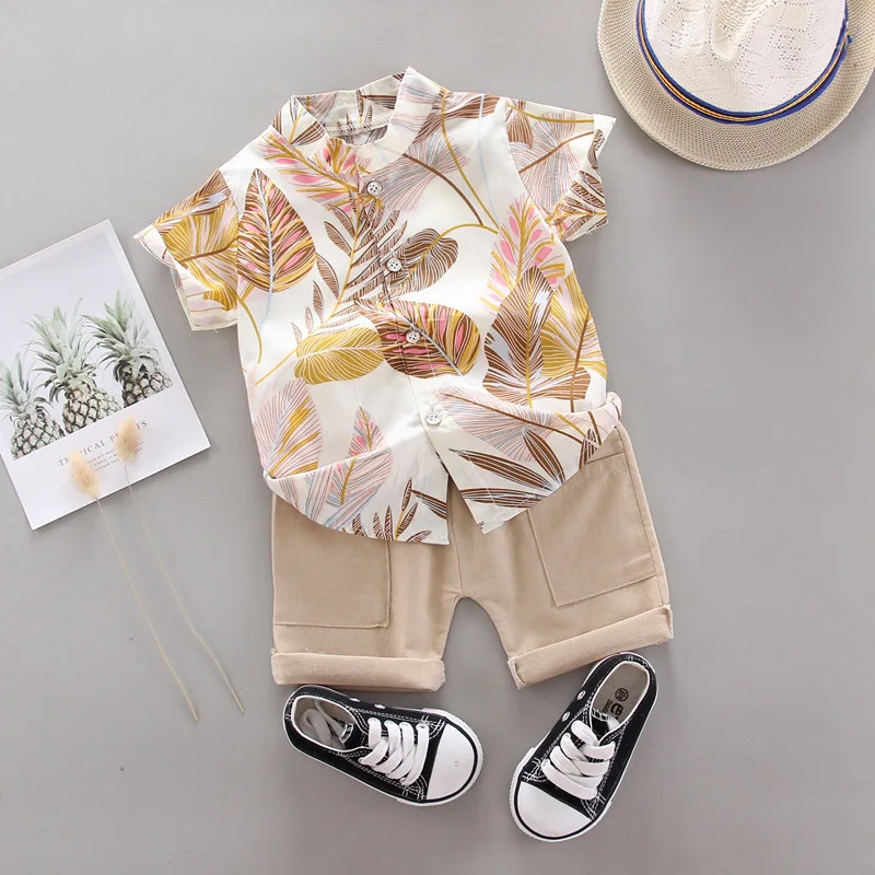 Ensemble bébé garçon été décontracté motifs tropicaux chemise shorts accessoires inclus
