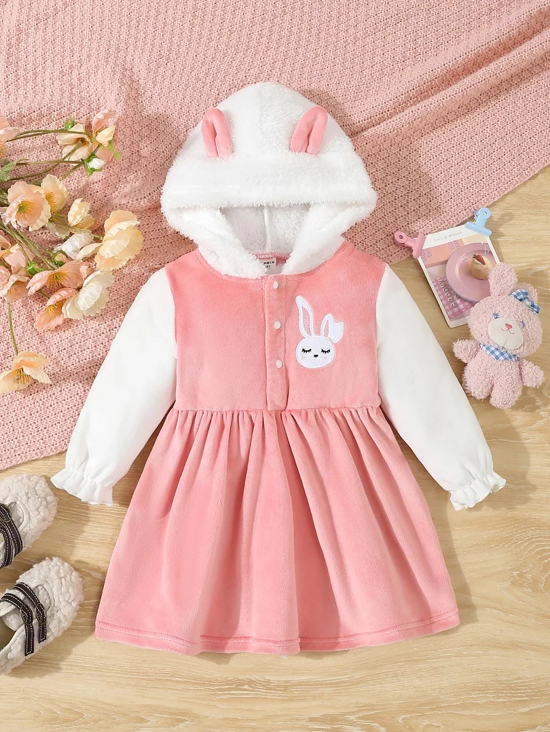 Robe mignonne bébé fille automne hiver lapin capuche rose peluche douce chaude