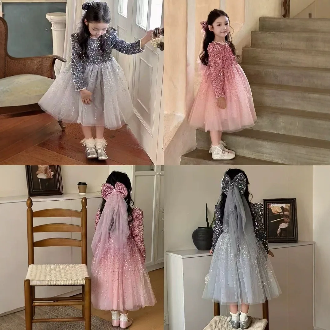 Robe princesse filles voile ouverture lumineux velours épais hiver 2025 vêtements enfants plush silver gray