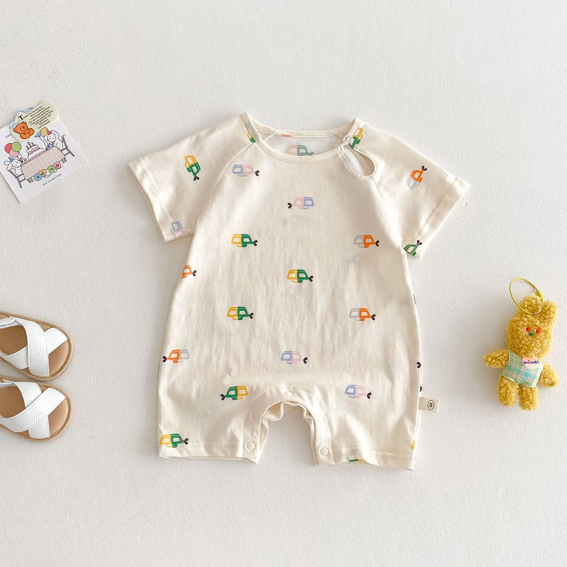 Combinaison Été Bébé Motifs Véhicules Coton Doux Pratique BoutsPression Confort Usage Quotidien Style Minimali