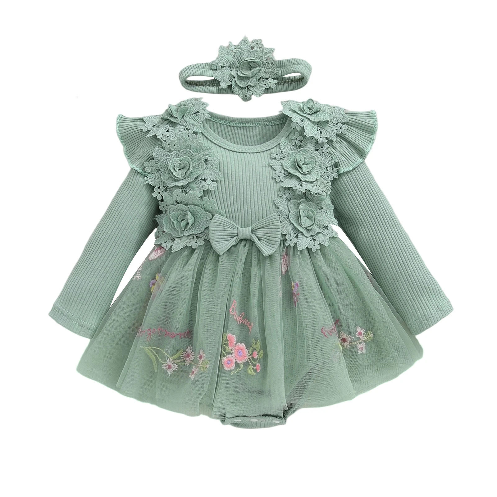 Robe barboteuse fille floral tulle dentelle manches longues col rond
