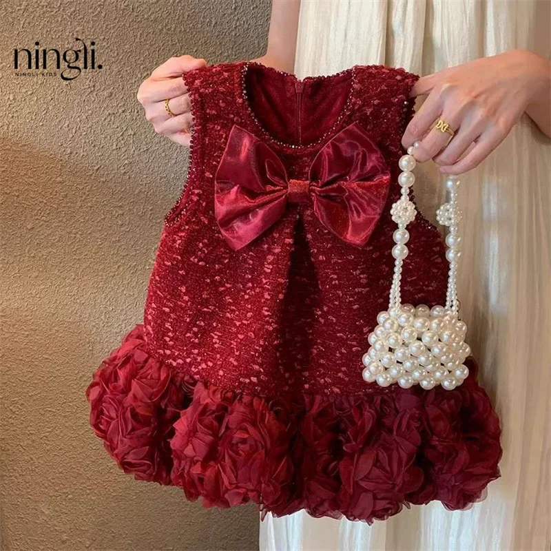 Robe en tulle princesse pour bébé fille vêtements d'anniversaire nœud satin roses tissu style vintage moderne