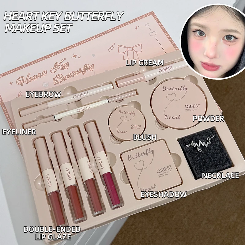 Kit maquillage coeur papillon limité gloss poudre fard à joues eye shadow collier cadeau beauté féminin jeune