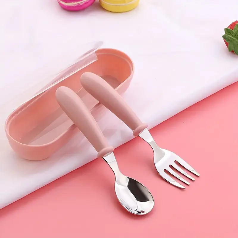 Ensemble 2 couverts enfants acier inoxydable cuillère fourchette poignées rose pastel étui protecteur cadeau b