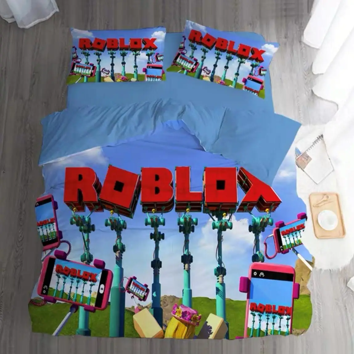 Parure lit Roblox jeu enfant housse couette taies oreiller design coloré polyester coton literie chambre bébé