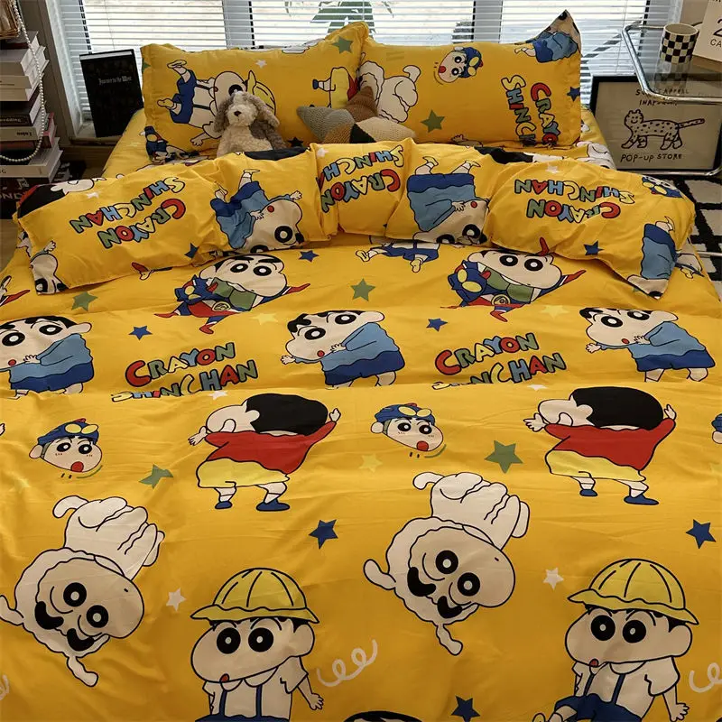 Ensemble de lit Crayon ShinChan mignon draps coussins chambre enfant animé multicolore jaune étoiles