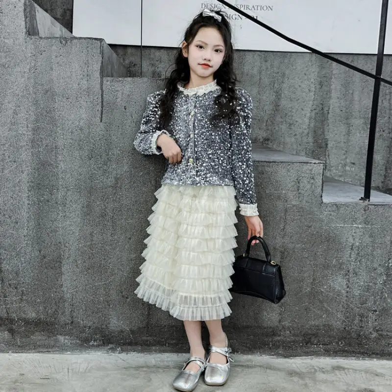 Ensemble robe de fête fille manteau paillettes manches longues jupe