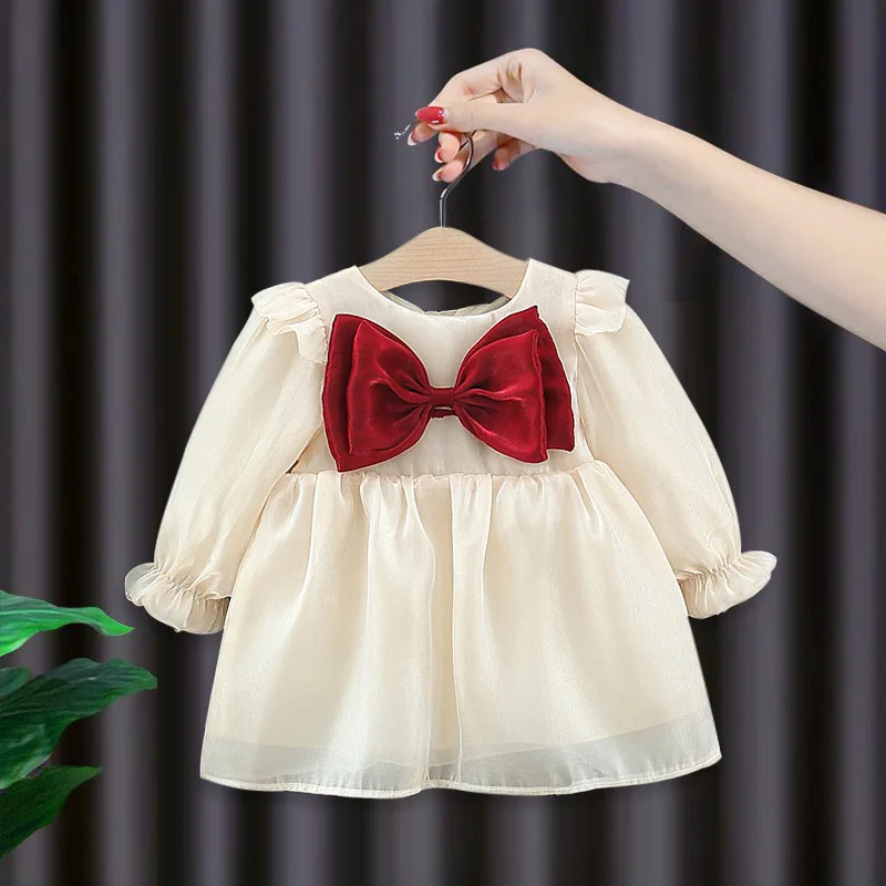 Robe princesse nœud papillon bébé fille fête anniversaire 1 an printemps automne beige