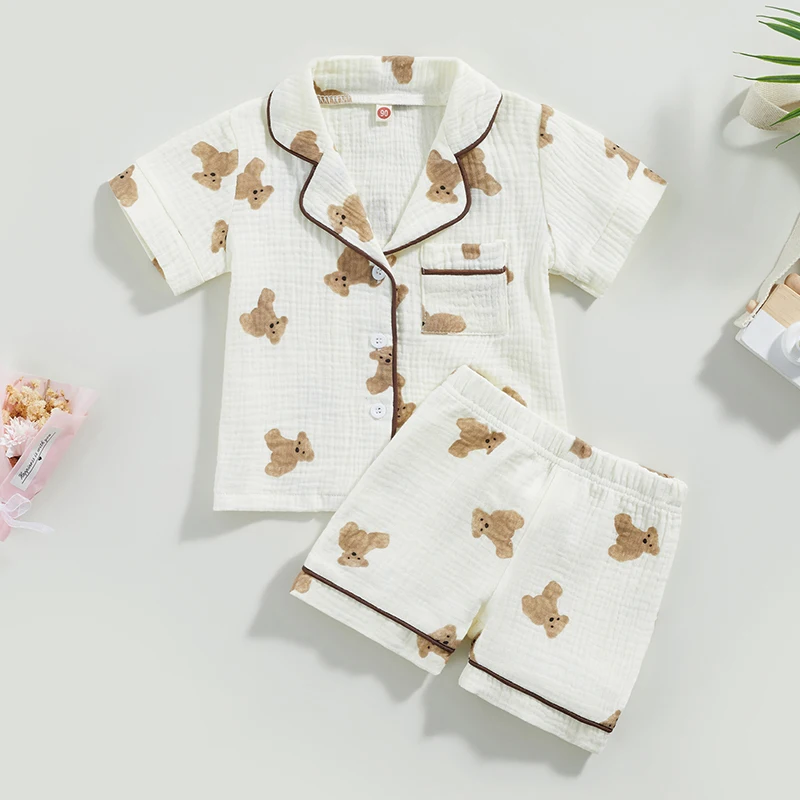Pyjama NouveauNé Court Manche Unisexe Enfant Bébé T shirt Short Ours Poche Coton Doux Confort Nuit