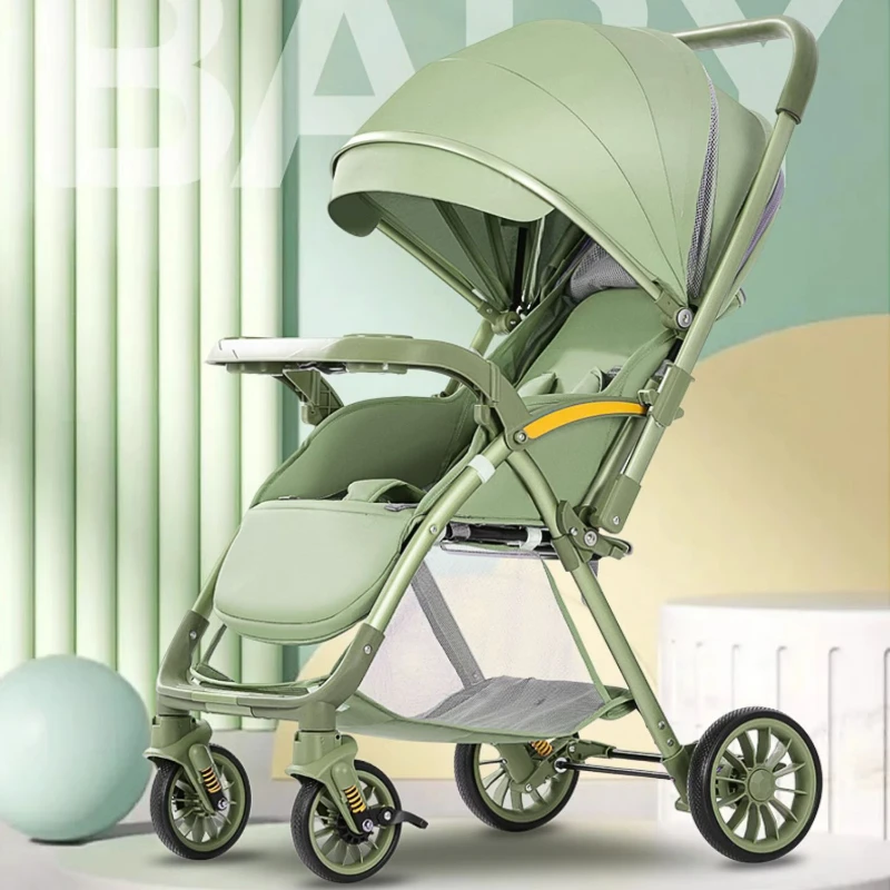 Poussette bidirectionnelle haute paysage pour bébé légère pliable 4 roues EVA tissu Oxford vert pastel gris ja