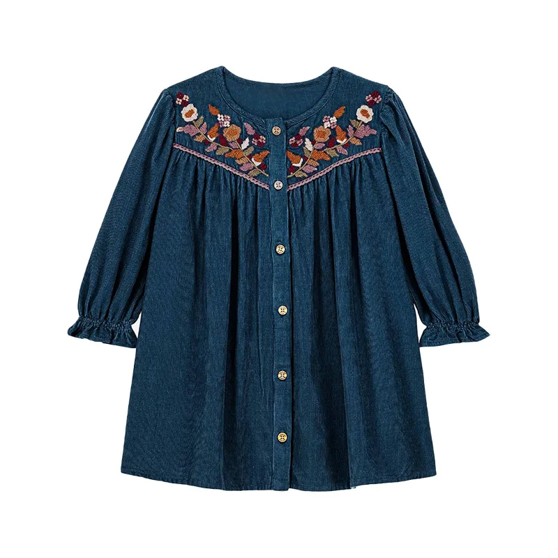 Robe denim fille style bohème brodée fleurs manches longues tissu coton respirant coupe ample automne printemp