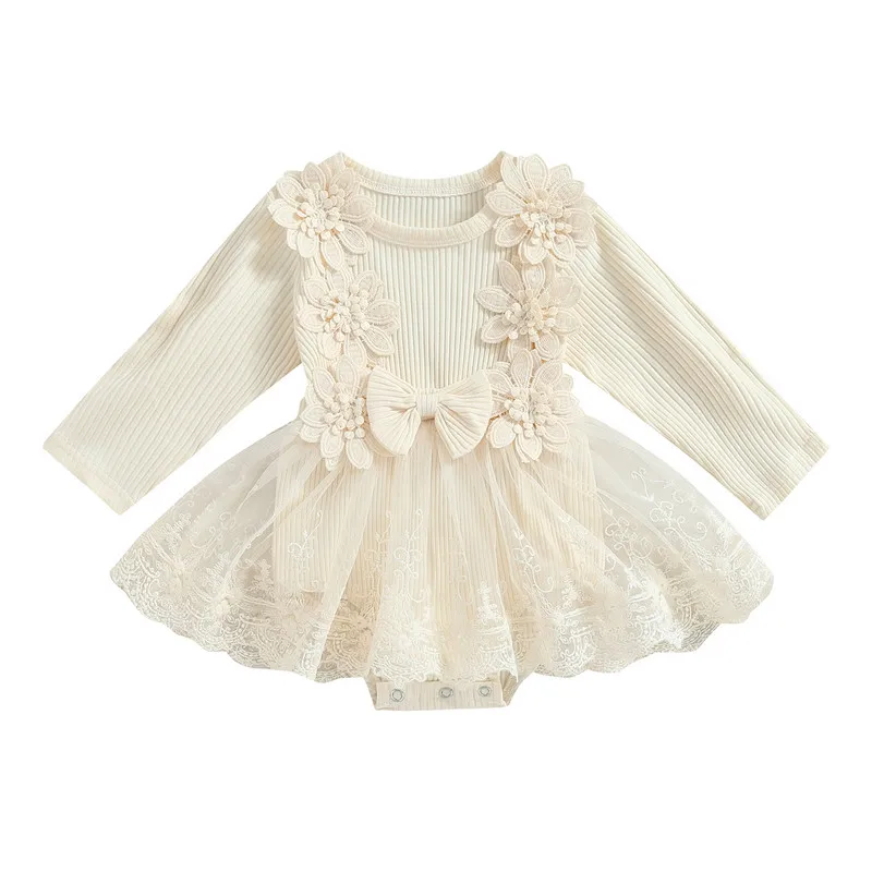 Robe bébé fille tulle manches longues nœud floral usage spécial occasion élégance automne qualité douce textur