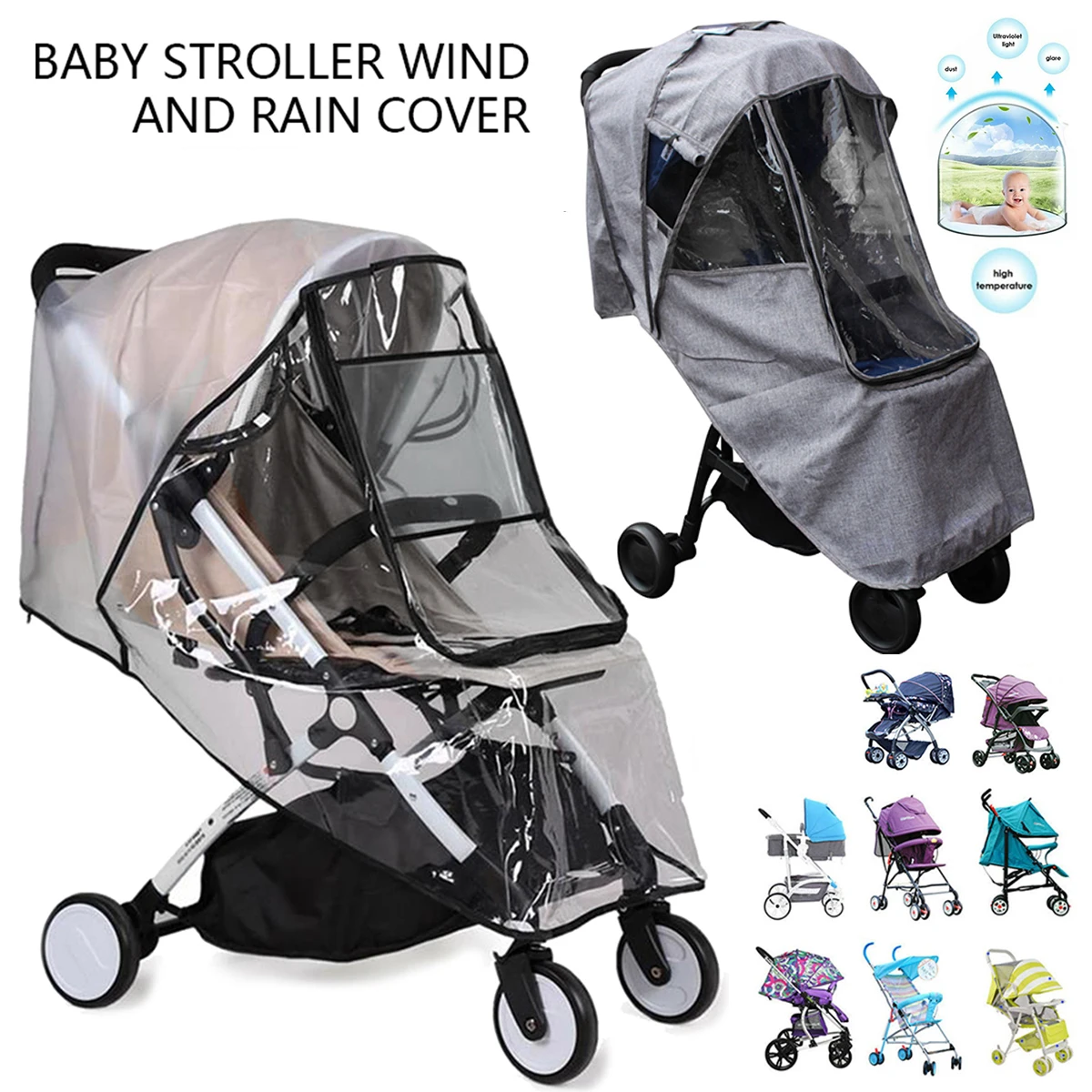 Housse de pluie universelle pour poussette protection complète imperméable pliable paresoleil voyage en extéri