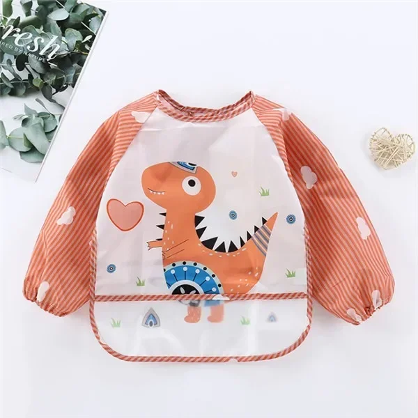 Bavoir tablier bébé en tissu imperméable manches longues design artistique dinosaure 13 ans facile à nettoyer 