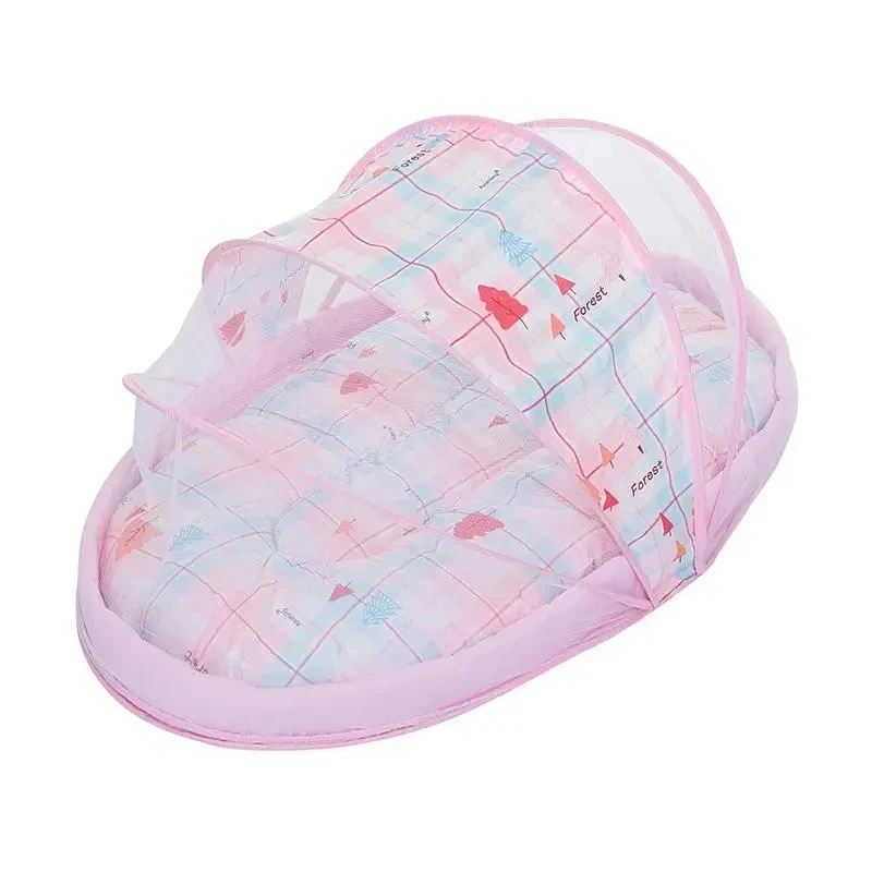 Moustiquaire portable pliable bébé lit de voyage protecteur antiinsectes design moderne 3 pièces coloris rose