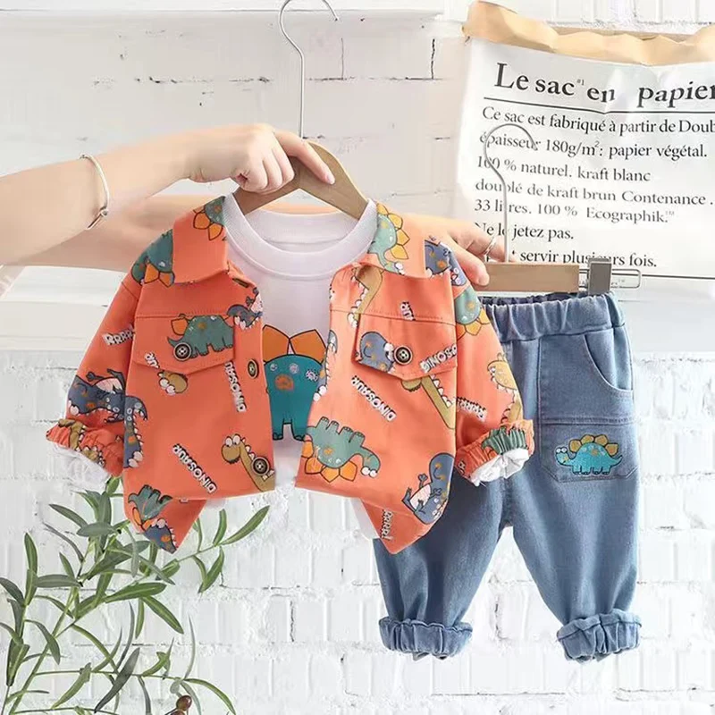 Ensemble vêtements bébé garçon 3 pièces chemise dinosaures tshirt jeans coton denim printemps automne 05 ans s