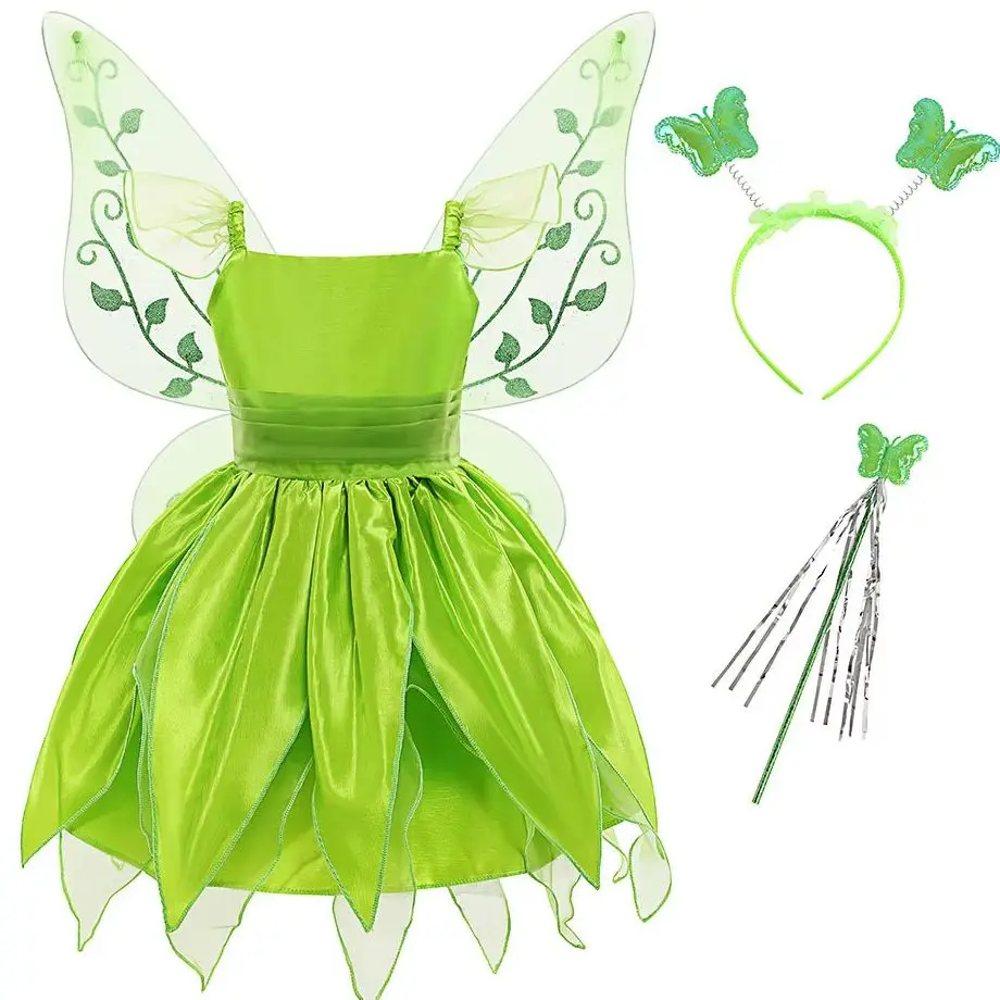 Costume de Fée pour Bébé Fille Robe de Fleur Vert Ailes Transparentes