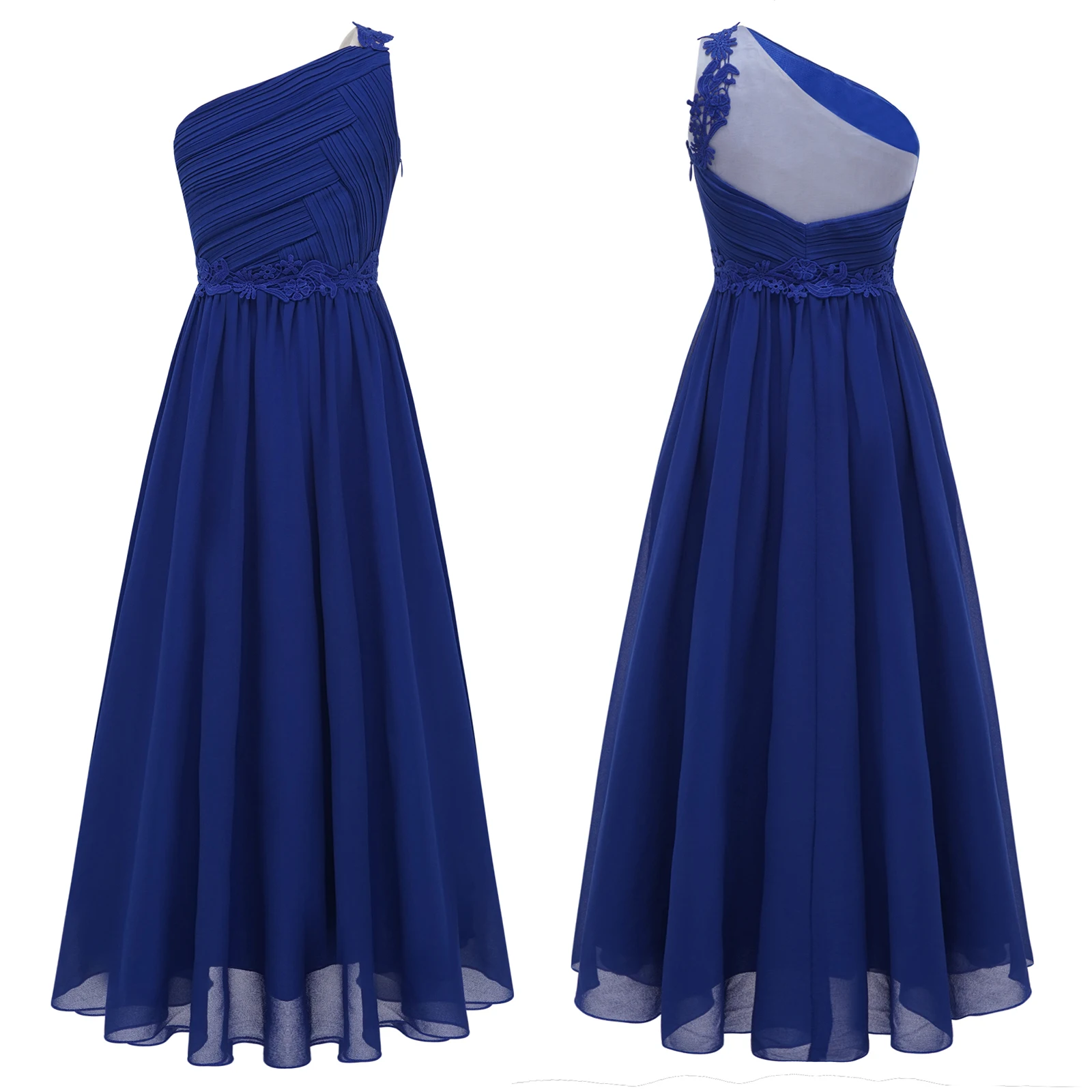 Robe demoiselle d'honneur mariage fille asymétrique épaule dénudée dentelle guipure mousseline soie soirée ann