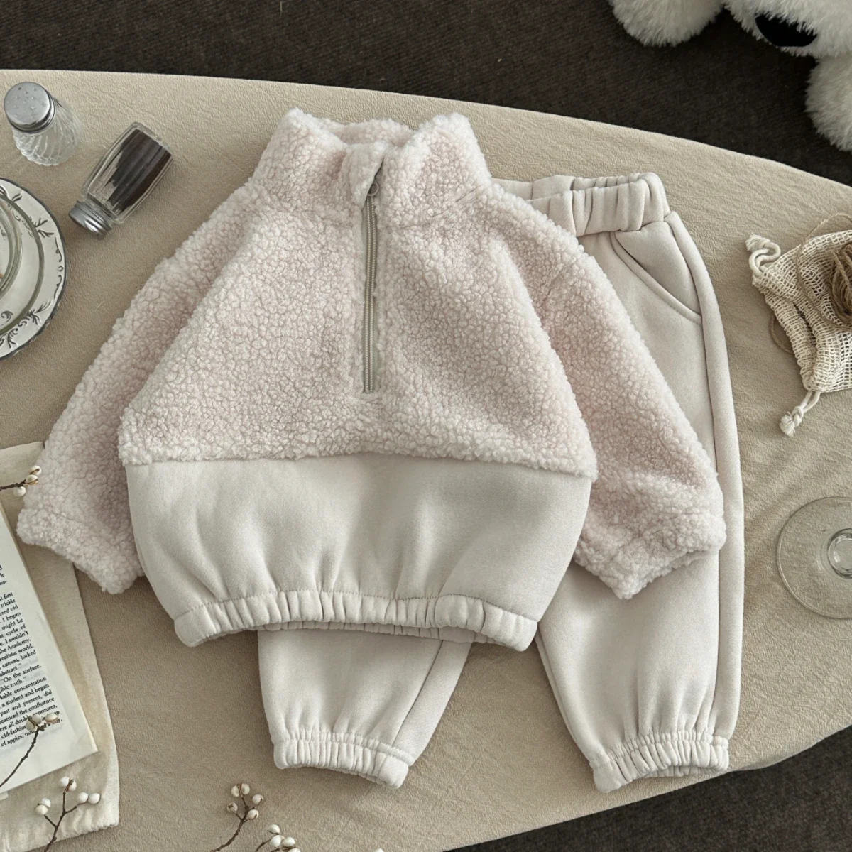 Ensemble vêtements bébé décontracté haut manches longues polaire agneau pantalon abricot beige 13 ans uni