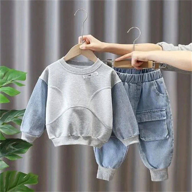 Ensemble vêtements bébé garçon bleu clair style cowboy deux pièces manches longues pantalon survêtement denim