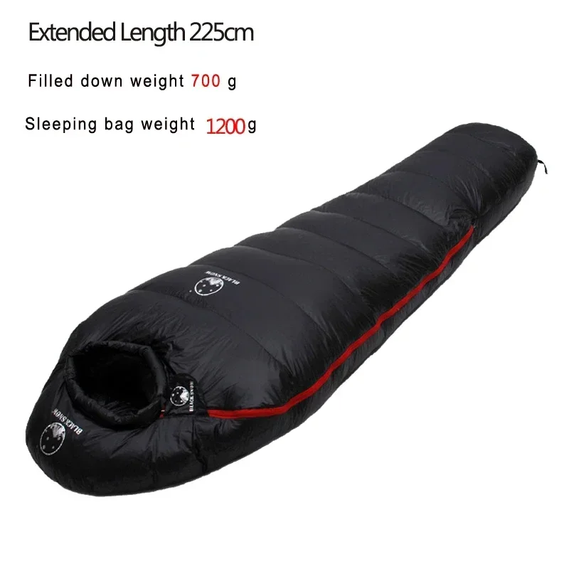 Sac de couchage en duvet d'oie noir avec bande rouge mummy shape 225cm