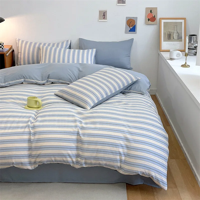Parure de lit 4 pièces bleu rayures doux coton polyester literie moderne chambre bébé enfant housse duvet orei