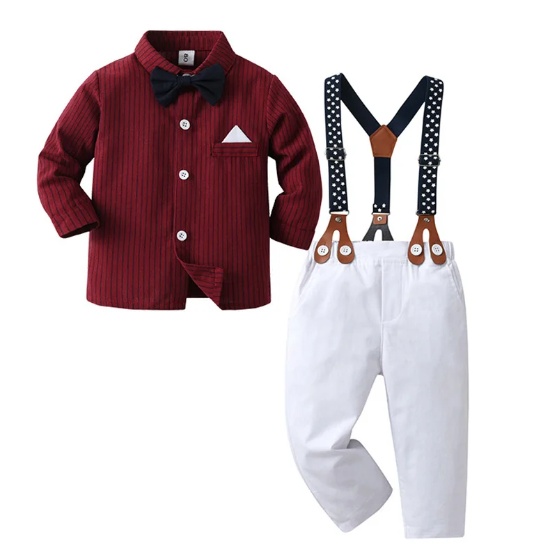 Costume bébé garçon élégant ensemble formel pour enfants chemise à rayures pantalon blanc suspendeurs à pois v