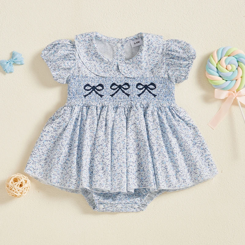 Robe barboteuse smockée pour bébé fille été floral manches courtes col