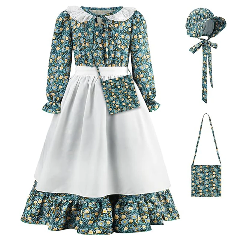 Robe de soirée pour filles demoiselle d'honneur verte avec tablier ensemble de bonnets style pastoral vintage 