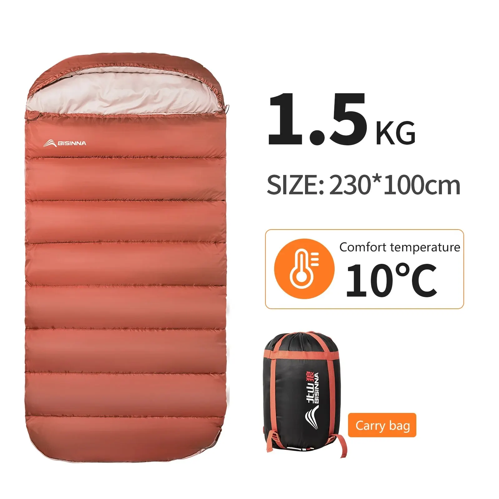 Sac de couchage camping BISINNA 3 saisons grand format 100cm x 230cm tissu nylon doublure polyester isolation 