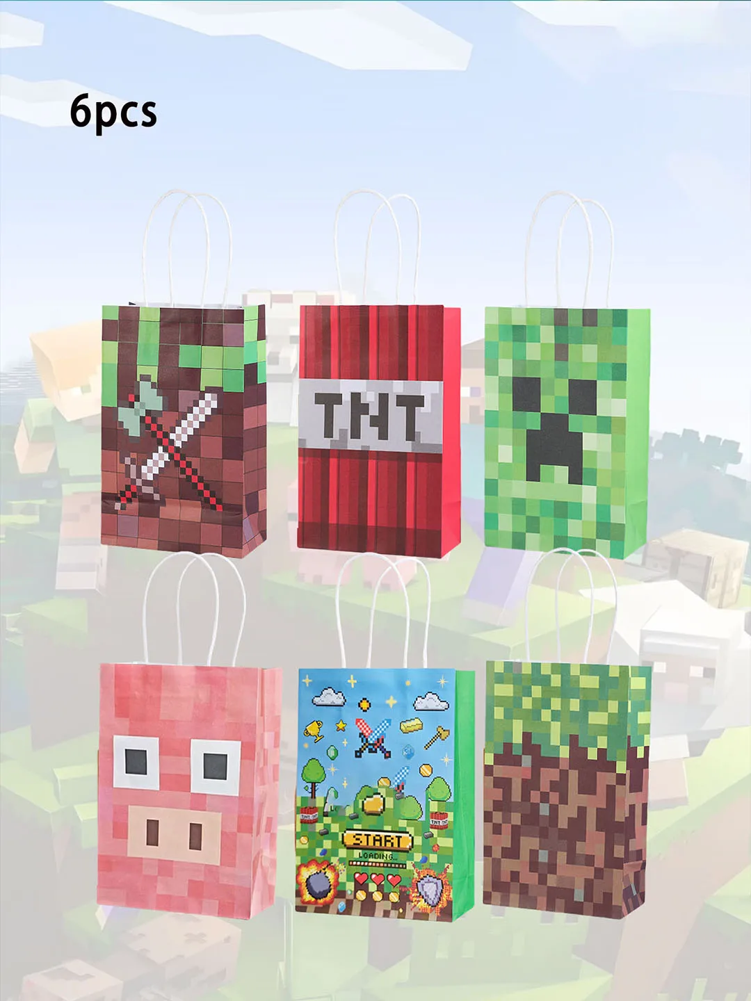 Ensemble 6 sachets cadeaux Minecraft thème pixel art personnages jeu enfant anniversaire déco fête idée cadeau