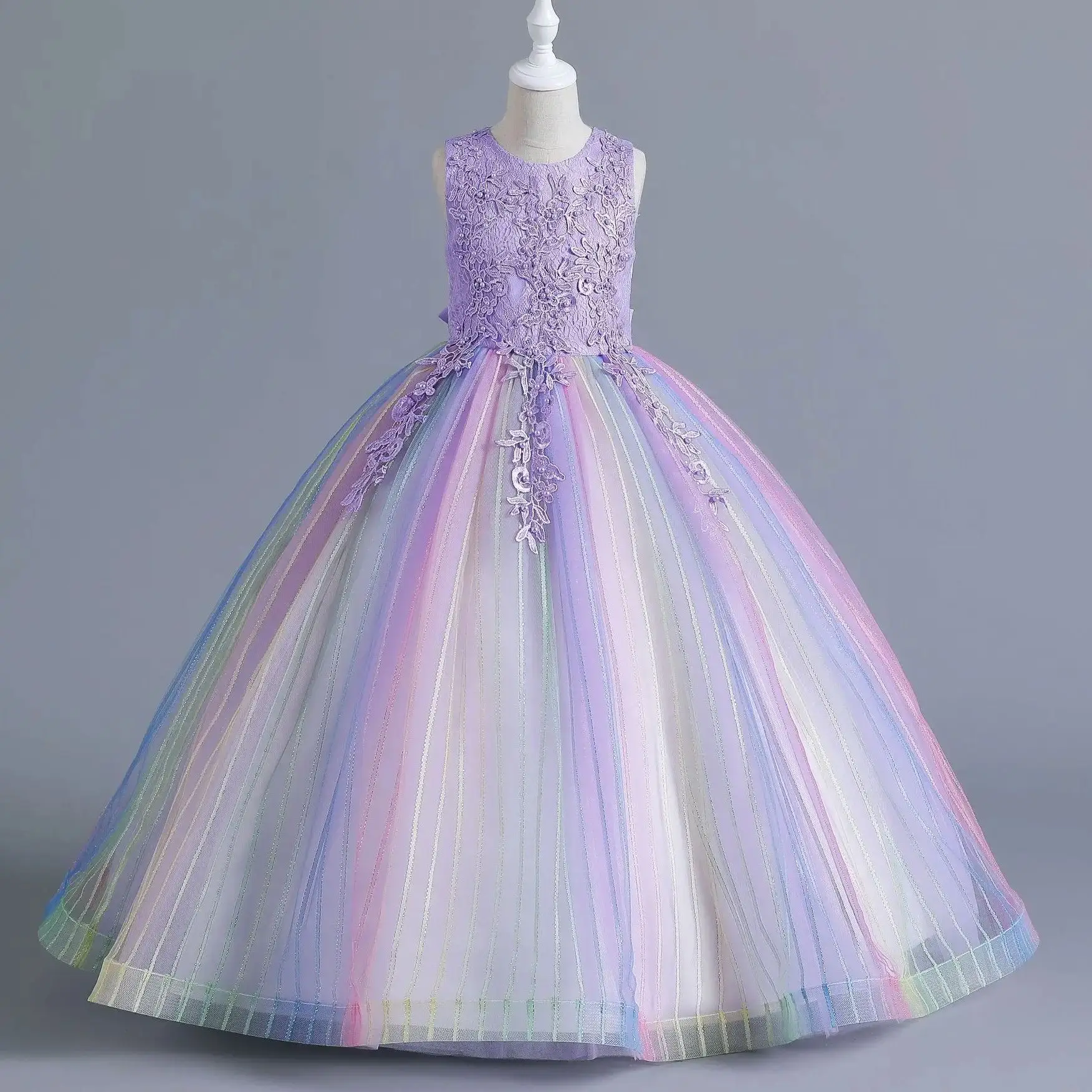 Robe de soirée formelle pour enfants filles arcenciel tulle fleur broderie robe de princesse mariage anniversa
