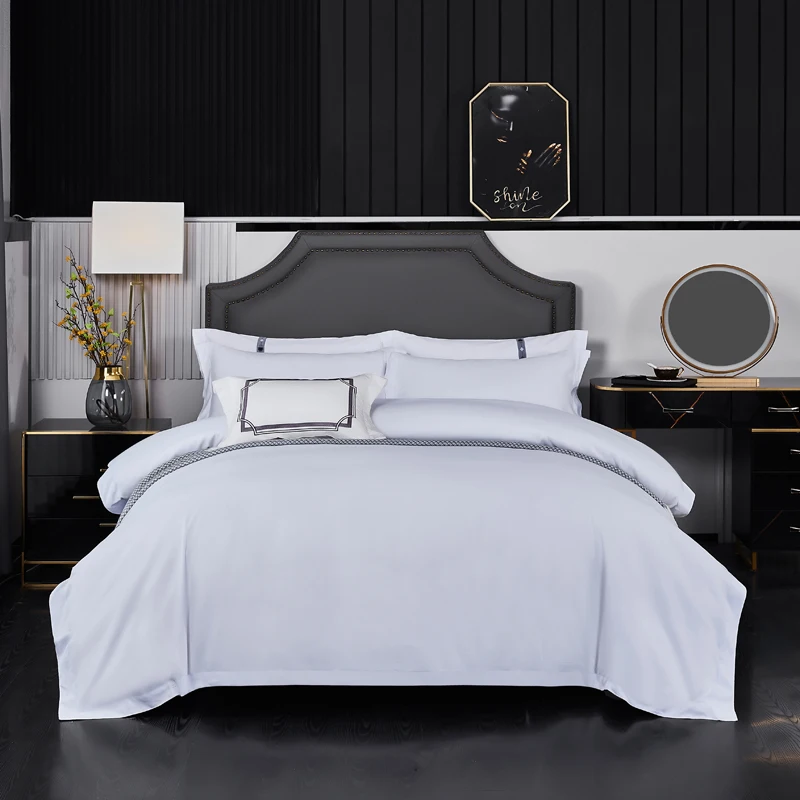 Parure de lit simple pour hôtel 5 étoiles 4 pièces housse de table drap taies d'oreiller microfibre blanc faci
