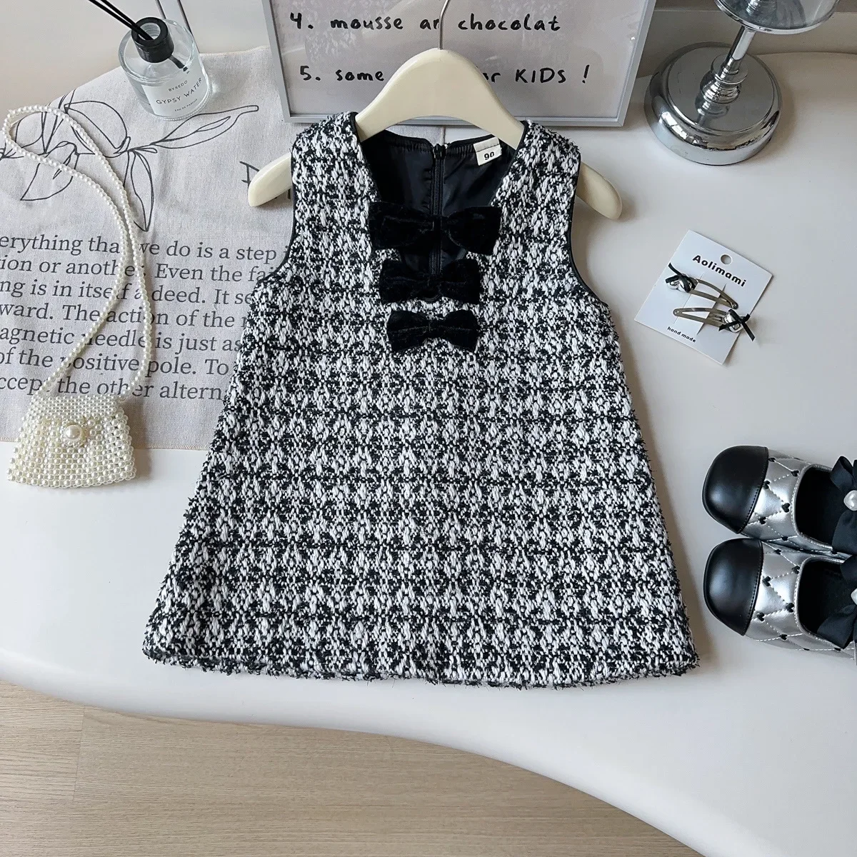 Robe fille tweed sans manches style coréen beige accessoires inclus printemps automne