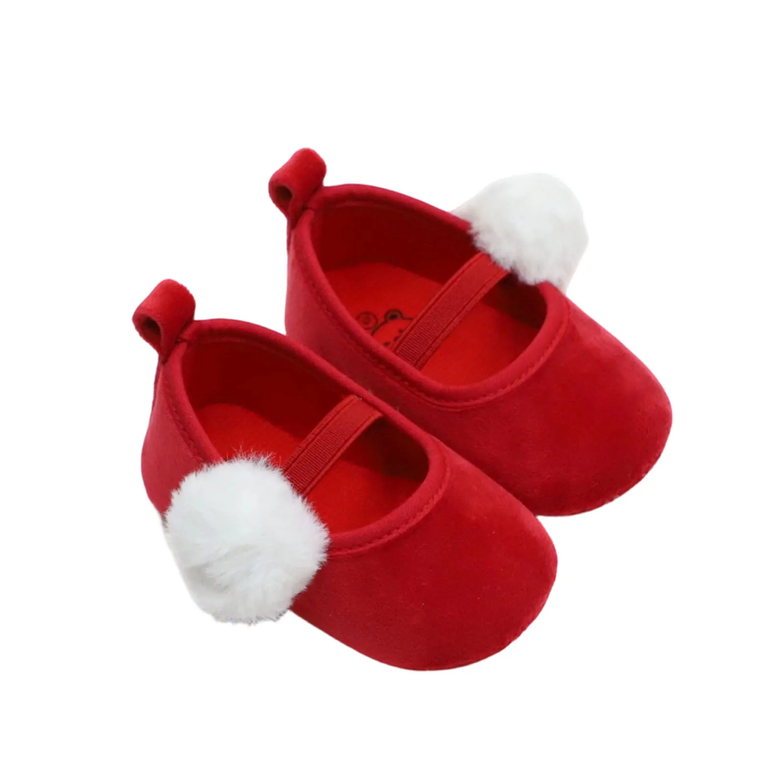 Chaussons bébé fille fêtes rouge pompons fourrure intérieur doux non glissant feste occasion spéciale