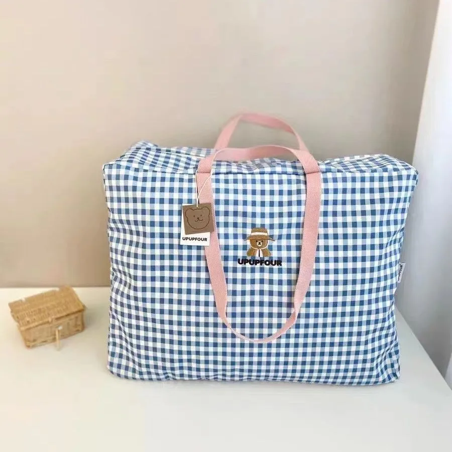 Sac de maternité UPUPFOUR plaid bleublanc anses roses sac d'hôpital grande capacité sac de rangement sac de vo