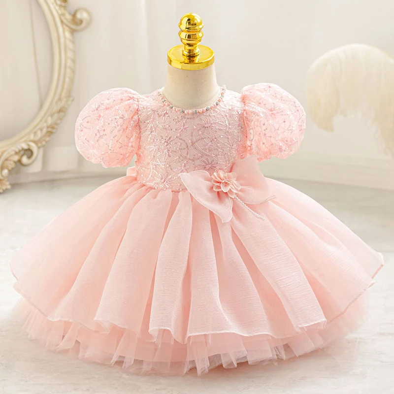 Robe de fête pour bébé fille style princesse manches bouffantes tissu doux occasion anniversaire photo mariage