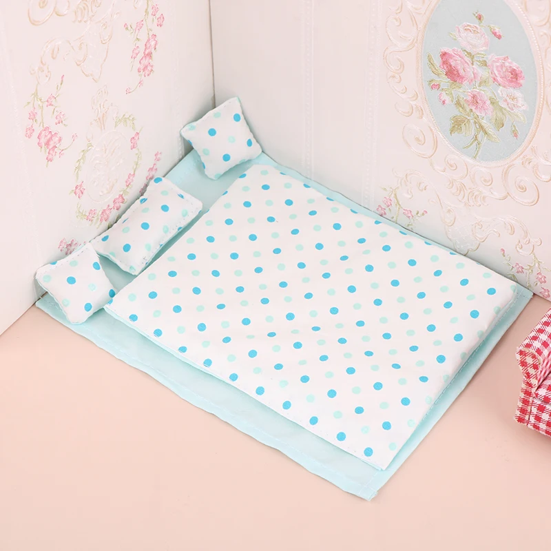 Ensemble literie miniature pour maison de poupée 4 pièces couette drap oreiller bleu clair décoration intérieu