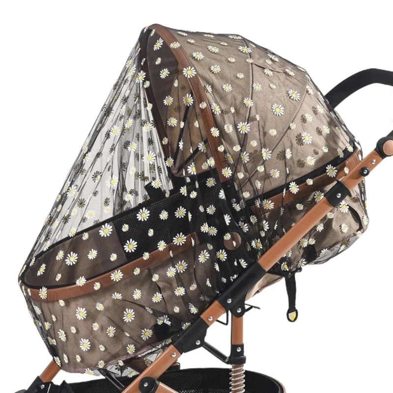 Filet de poussette protection insectes maille sûre antimoustiques design floral couleur brun clair marron enfa