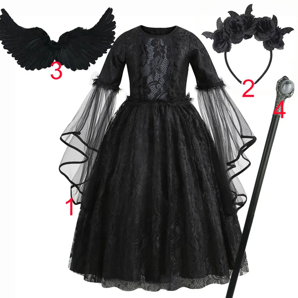 Costume Halloween sorcière Disney pour filles robe dentelle tulle manches évasées accessoires incluits style e