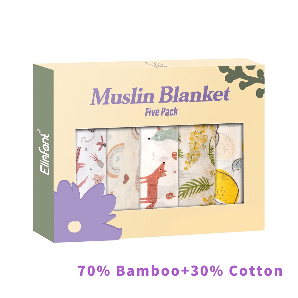 Elinfant 5 pièces coffret cadeau bambou coton mousseline bavoir écharpe rot tissu 100% coton 60*60 cm 2 couche